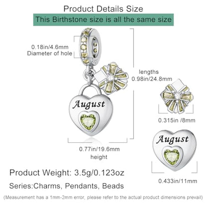 HappyStar 925 Sterling Silver Happy Birthday Bead Charm Love Heart Shape Birthstone Charms for Bracelets Dangle Pendant with 5A Cubic Zirconia Compatible Pandora Bracelets Jewelry Gift for Women - color: 8-August Birthstone Charms