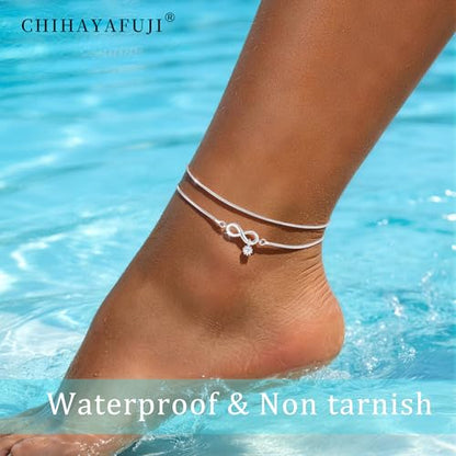 Sterling Silver Ankle Bracelets for Women Gold Waterproof Non Tarnish Beaded Chain Layered Stacking Dainty Butterfly Plus Size Large Anklet Summer Beach Vacation Jewelry Gift - color: silver2