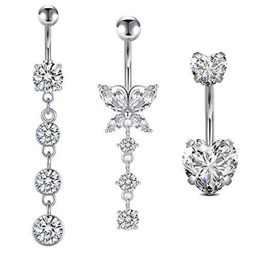 D.Bella Belly Rings for Women Belly Button Piercing Clicker Belly Button Ring Belly Button Rings Dangling 14G Surgical Steel CZ Butterfly Dangle Belly Piercing Jewelry Silver Rose Gold - color: B -silver