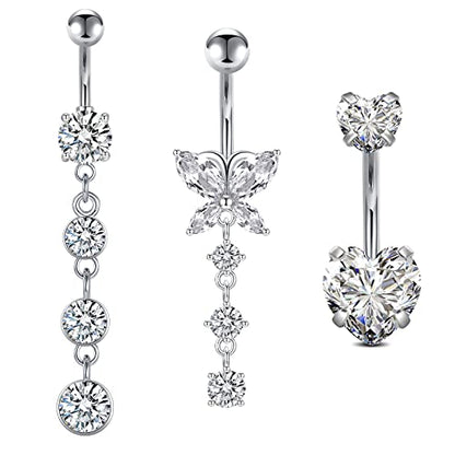 D.Bella Belly Rings for Women Belly Button Piercing Clicker Belly Button Ring Belly Button Rings Dangling 14G Surgical Steel CZ Butterfly Dangle Belly Piercing Jewelry Silver Rose Gold - color: B -silver
