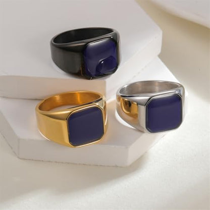 PAURO Unisex Stainless Steel Minimalist Square Enamel Signet Ring Plated Glossy Wedding Band - color: Black Blue