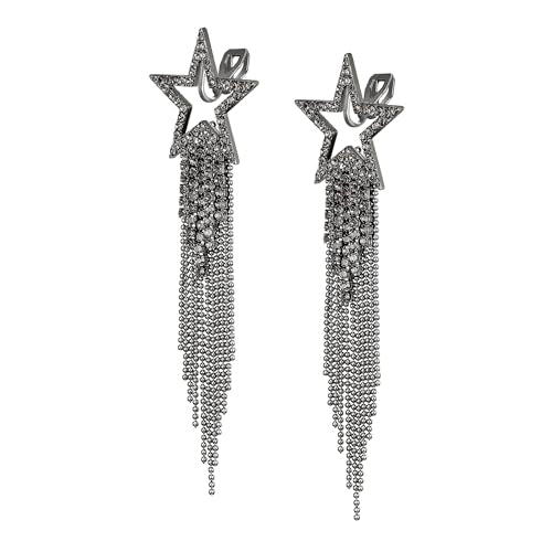 EVER FAITH Crystal Long Waterfall Star Tassel Clip-on Earrings for Women | Rhinestone Beaded Fringe Chandelier Dangle Statement Earring, Wedding Party Jewelry - color: Grey Black-Tone