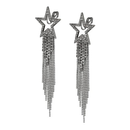 EVER FAITH Crystal Long Waterfall Star Tassel Clip-on Earrings for Women | Rhinestone Beaded Fringe Chandelier Dangle Statement Earring, Wedding Party Jewelry - color: Grey Black-Tone