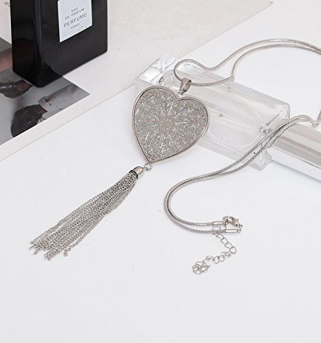 MOLOCH Long Necklaces For Woman Disk Circle Pendant Necklaces Tassel Fringe Necklace Set Statement Pendant - color: Heart-shaped-silver