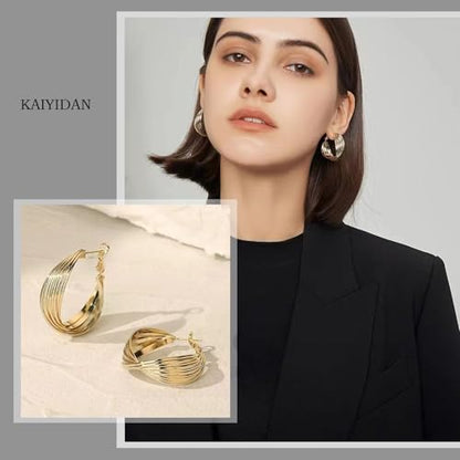 2 Pairs Gold/Silver Hoop Earrings For Women Set Trendy,14K Plated Gold Chunky Huggie Hoop Earings Pack,Oval Twisted Statement Silver Hoops,Fashion Jewelry Gift - color: 8) twist oval hoop