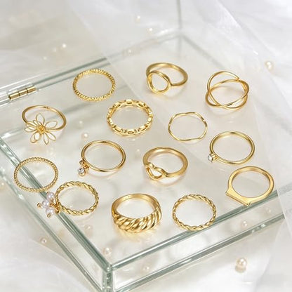 Chunky Gold Rings for Women Non Tarnish, Baroque Pearl Flower Tiger's Eye Stone Rings Adjustable Stacking Statement Rings Set Fashion Jewelry Gifts - style: Croissant/Handmade flower_gold