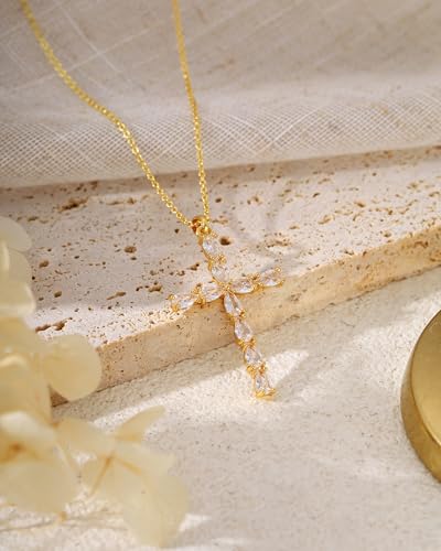 Cross Necklace for Women, 14K Gold Plated Cubic Zirconia Cross Pendant Necklace, Trendy Christian Jewelry Gifts for Baptism First Communion Christmas - color: Style I - Gold
