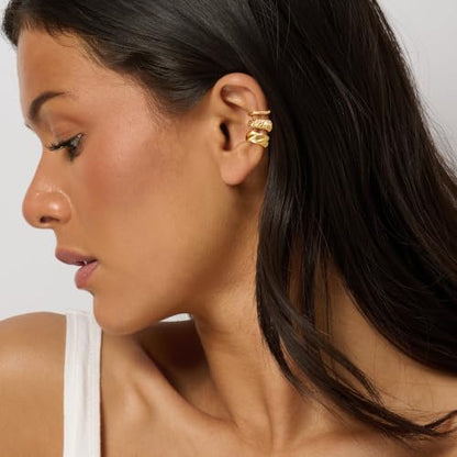 14K Gold Plated Layered Chunky Ear Cuff for Women Thick Ear Clips | Ear Cuff Earrings for Women,Hammered Texture design，Lightweight Hypoallergenic Ear Clips，trendy Jewelry for Daily Party Prom - color: gold 6
