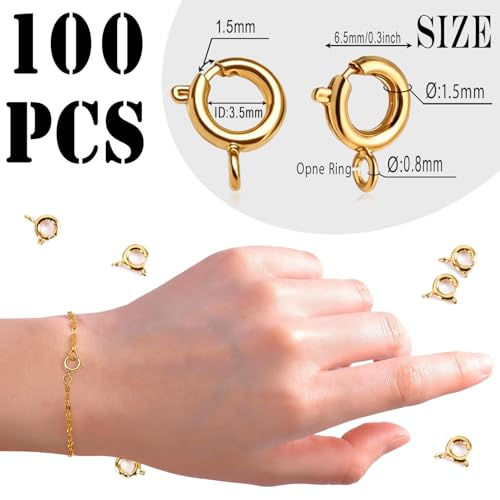 stino 100Pcs Small Spring Round Jewelry Clasps (18K Gold Plated) | Brass, High Polished, Necklaces & Bracelets Findings - color: 18K Gold Plated