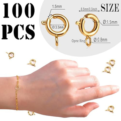 stino 100Pcs Small Spring Round Jewelry Clasps (18K Gold Plated) | Brass, High Polished, Necklaces & Bracelets Findings - color: 18K Gold Plated