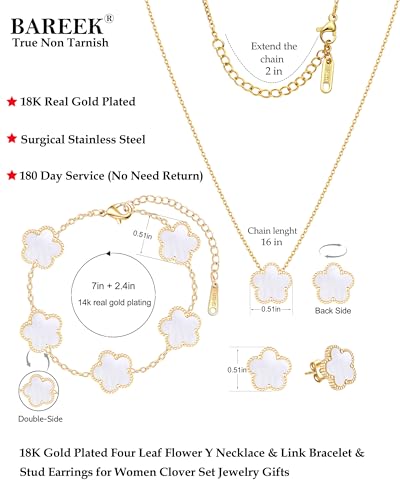 Clover Jewelry Set 3 PC - 18K Gold Plated Stainless Steel Y Necklace Four Leaf Pendant, Clover Link Bracelet Charm, Flower Earrings, Hypoallergenic Non-Tarnish,Simple Luxury Lucky Gifts for Women - color: White