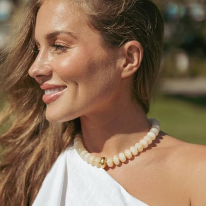 Chunky Beaded Necklace for Women Boho Statement Bead Necklace Adjustable Choker with Polished Disc/Square Beads Trendy Summer Beach Jewelry Gifts - color: Beige