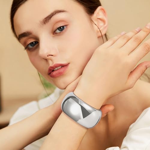 NICEIGHT 18K Gold Plated Chunky Bangle Bracelets for Women Gold Wide Cuff Bangle Bracelet Hammered Minimalist Thick Gold Wrist Wrap Bracelets - color: Silver Plain Bracelet
