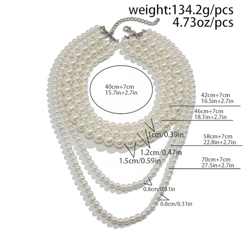 Chunky Long Layered Pearl Necklaces for Women 1920s Multi Strand Layering Faux Pearls Pendant Necklace Vintage Large Stack Statement Jewelry