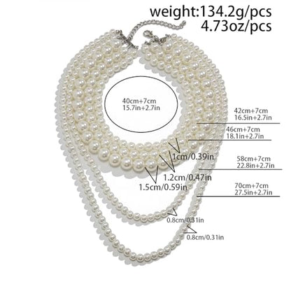 Chunky Long Layered Pearl Necklaces for Women 1920s Multi Strand Layering Faux Pearls Pendant Necklace Vintage Large Stack Statement Jewelry