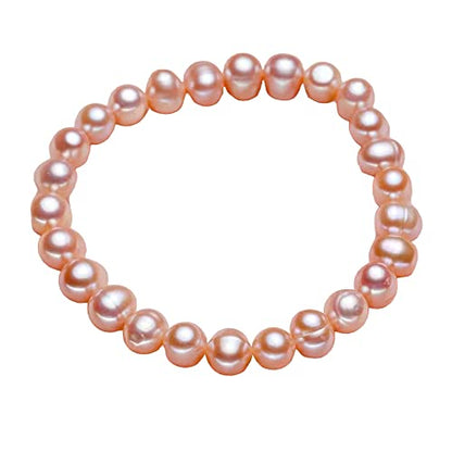 Handmade Women's Pearl Bracelet 7-8mm Freshwater Cultured Pearl Elasticated Bracelet Length 7.5In - color: Pink