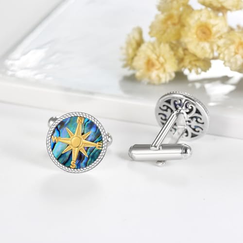 Cufflinks for Men Sterling Silver Abalone Shell Tuxedo Shirt Cuff Links Jewelry for Men Father Business Groomsmen - style: compass