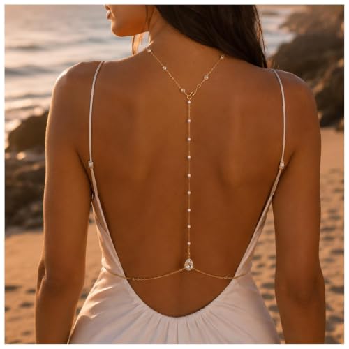 Rhinestone Back Chain Necklace,Crystal Drop BackDrop Jewelry,Wedding Bridal Long Pearl Back Necklace Jewelry for Women Backless Dress - color: Gold