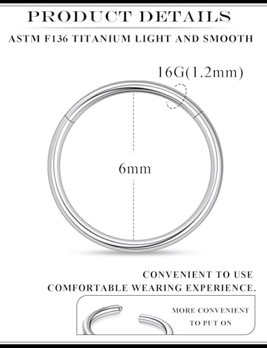 20G 18G 16G 14G 12G 10G 8G 6G 4G 2G Nose Rings Hoops Astm F136 Titanium Clicker Septum Lip Ring Tragus Helix Daith Rook Conch Snug Cartilage Lobe Earrings Hoop Piercing Jewelry For Women Men - size: 16G-6MM
