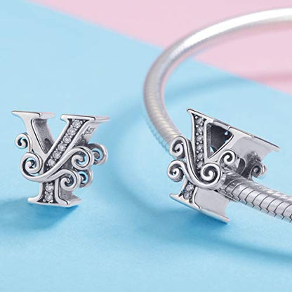 BISAER 925 Sterling Silver Initial Letter A-Z Charms for Bracelets Alphabet Beads Charm Jewelry Gifts - color: Letter Y