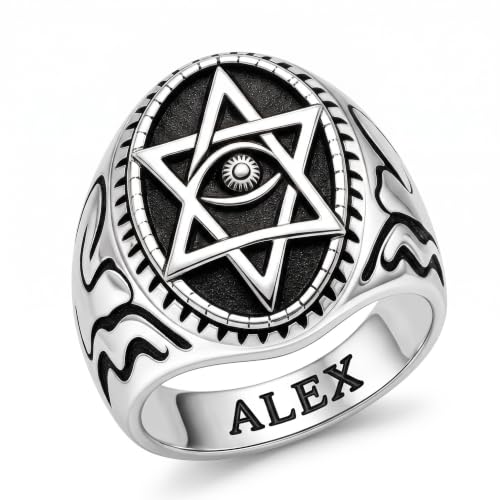 Dacc & Aya Custom Engraved Vintage Signet Ring 925 Sterling Silver Black Oxidized Personalized Statement Jewelry for Men - style: A-Hexagram