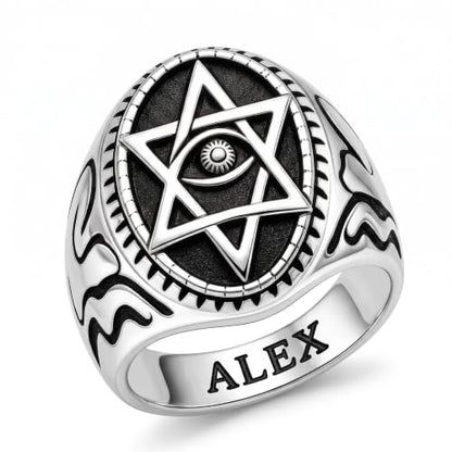 Dacc & Aya Custom Engraved Vintage Signet Ring 925 Sterling Silver Black Oxidized Personalized Statement Jewelry for Men - style: A-Hexagram