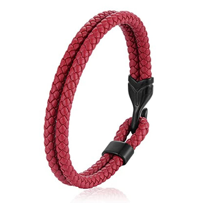 Mens Braided Leather Hook Bracelet,Two-row Leather with Black Stainless Steel Hook Clasp, Minimalist Style - color: red
