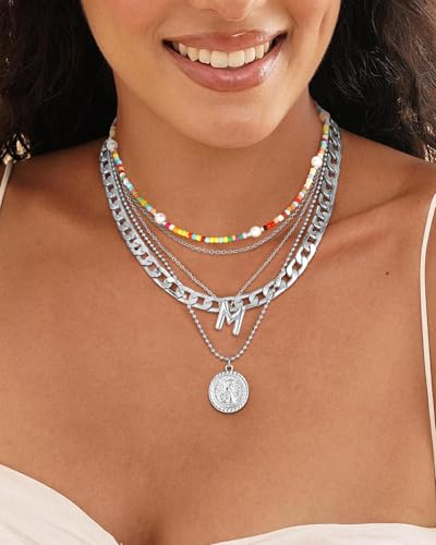 MJartoria Layered Necklaces for Women Trendy Balloon Initial Pendant Necklace Dainty Chunky Chain Beaded Choker Necklaces Jewelry Birthday Gifts - color: Silver, style: M