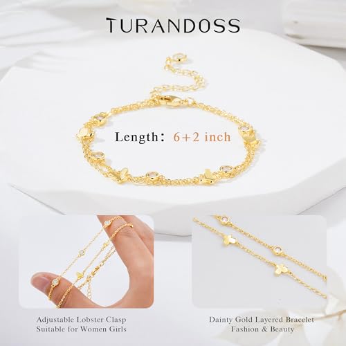 Turandoss Bracelets for Women Trendy | 14K Gold Plated, Dainty CZ Satellite Beads Heart Bracelet Stackable Link Chain Butterfly Bracelet Set Jewelry Gifts - color: Cubic Zircon Butterfly Link Bracelet