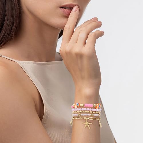 Summer Surfer Heishi Bracelet Set for Women Stackable Gold Plated Clay Ploymer Bead Stretch Pink Beach Layering Bracelets Jewelry - color: A-Pink 8 fish 5pcs