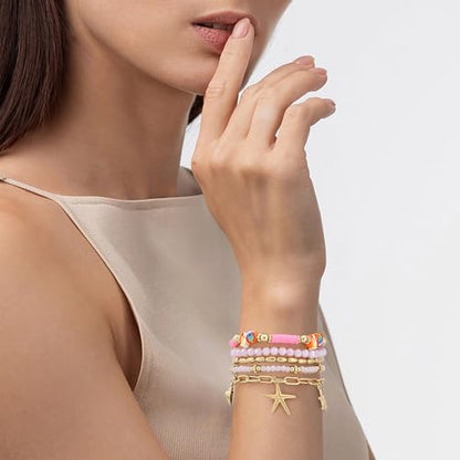 Summer Surfer Heishi Bracelet Set for Women Stackable Gold Plated Clay Ploymer Bead Stretch Pink Beach Layering Bracelets Jewelry - color: A-Pink 8 fish 5pcs