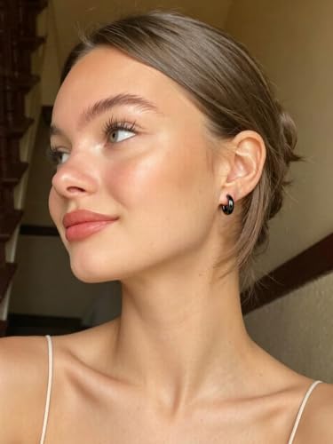 Bestyle Gold Huggies Earrings for Women Hypoallergenic 925 Sterling Silver Post Huggie Hoop Earrings Thick Lightweight Small Hoop Earrings 8/10/12/14mm - color: Black, size: 10mm