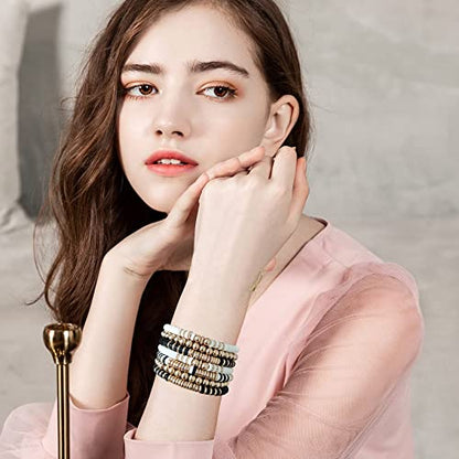 GOOJIDS Surfer Heishi Clay Bead Bracelets for Women Bohemian Stackable Gold Plated Beaded Stretch Bracelets Elastic Layering Friendship Bracelets Set Boho Jewelry - color: E-Black&White 7pcs