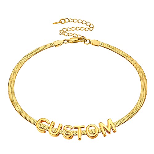 ChainsHouse Flat Snake Chain Herringbone Choker Necklace for Women, Stainless Steel/Rose Gold/18K Gold Plated Dainty Adjustable Simple Short Layered Necklaces, 12"/15"/18" with 3.5" Extender - color: c. 14k gold plated-5mm-custom