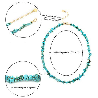 PEARLADA Turquoise Beaded Choker Necklace Chakra Stone Necklace Adjustable - color: Turquoise Chips