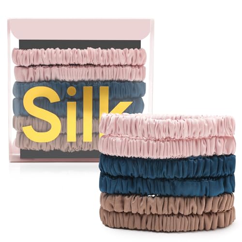6Pcs Silk Hair Ties 100% Pure Mulberry Silk Scrunchies for Women Girls | No Hair Crease, Anti Frizz, Gentle Hold, No Damage, Color 06 - color: Curry&Navy&Pink
