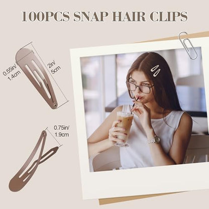 100Pcs Snap Hair Clips Hair Barrettes For Women Girls, No-Slip | Metal Hair Snap Clips Accessories, Hairpins, Matte 5 Colors, 2 x 0.55 Inch, Storage Box