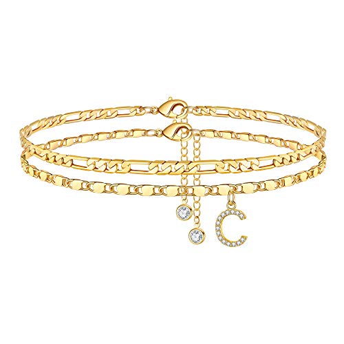 Ursteel Ankle Bracelets for Women, 14K-Gold-Plated Dainty Layered Chain CZ Initial Anklets Set Summer Jewelry Gifts for Women - style: C-Gold-Plated