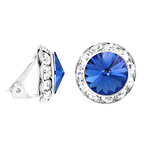 Rosemarie & Jubalee Women's Timeless Classic Statement Clip On Halo Earrings Made With Premium Crystals - color: 15mm, Sapphire Blue Silver Tone