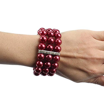 KOSMOS-LI Large Multi Layer Faux Pearl Strand Costume Jewelry Sets For Women Stocking Stuffers - color: Burgundy