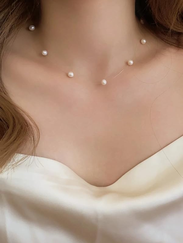Faux Pearl Strand Choker Necklace Invisible Line Tiny Pearl Choker Chain String Necklace Clavicle Chain Vintage Baroque Style Bridal Beaded Necklace Jewelry Accessories Party Gift for Women Friends