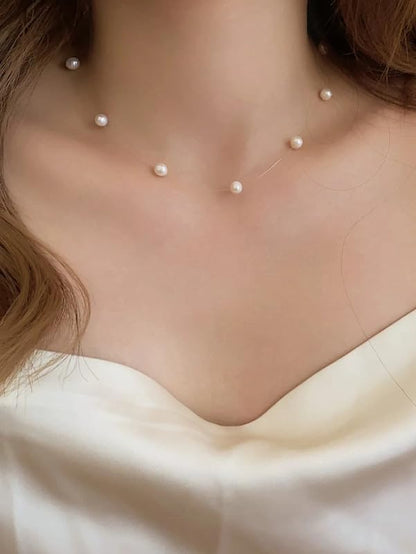 Faux Pearl Strand Choker Necklace Invisible Line Tiny Pearl Choker Chain String Necklace Clavicle Chain Vintage Baroque Style Bridal Beaded Necklace Jewelry Accessories Party Gift for Women Friends