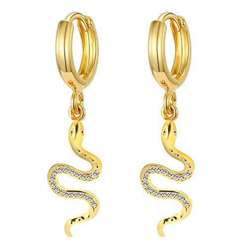 XYJZXY Gold Huggie Small Hoop Earrings with Charm Personalized Snake/Evil Eye/Star/Cross/Lock/Key 18k Gold Plated Crystal Drop Dangle Earrings for Women - style: Snake