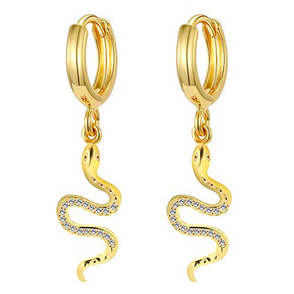 XYJZXY Gold Huggie Small Hoop Earrings with Charm Personalized Snake/Evil Eye/Star/Cross/Lock/Key 18k Gold Plated Crystal Drop Dangle Earrings for Women - style: Snake