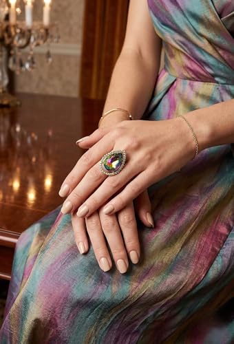 NYFASHION101 Radiant Teardrop Stone Adjustable Cocktail Statement Ring - color: Encircled Teardrop, Green Tint Aurora Borealis/Gold-Tone