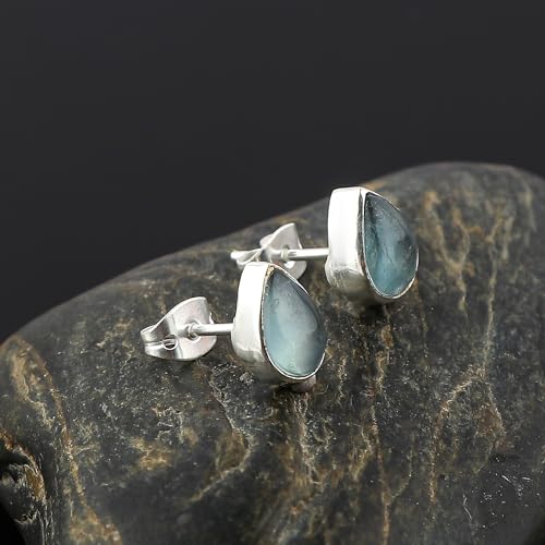 Aquamarine Birthstone Crystal Stud Earrings Pair for Women, Pear Cabochon, Healing Earrings Set, Women Jewelry, Dainty, Hypoallergenic Silver Plated (1 Pair) (8x6mm Stone)