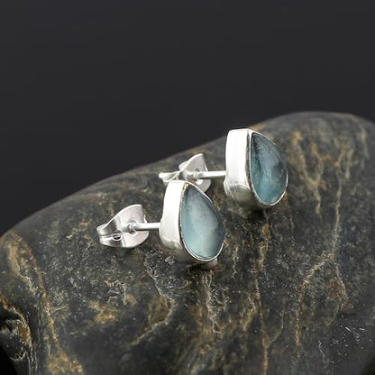 Aquamarine Birthstone Crystal Stud Earrings Pair for Women, Pear Cabochon, Healing Earrings Set, Women Jewelry, Dainty, Hypoallergenic Silver Plated (1 Pair) (8x6mm Stone)