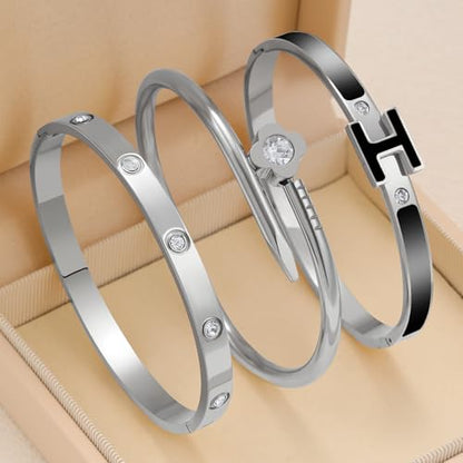 3Pcs Gold Bracelets for Women 14K Gold Plated Love/H/Nail Bangle Bracelet Dainty Non Tarnish Bracelet Jewelry Christmas Mothers Day Gifts for Women - color: 3Pcs Silver/Black H bracelet