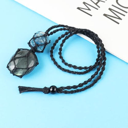 Anjiucc Handmade Crystal Cage Holder with Raw Gemstone Pendant Necklace Natural Stone Healing Crystal Necklace Adjustable Length - color: Labradorite+Blue apatite