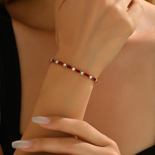18K Gold Plated Multi-Color Classic Tennis Bracelet for Women Dainty Color 3mm Rainbow Cubic Zirconia Bracelet Adjustable CZ Gold Bracelets Trendy Summer Jewelry Gift - style: Red-Gold